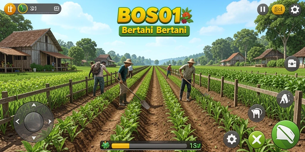 Screenshot gameplay menunjukkan aktivitas bertani yang menyenangkan di BOS01.