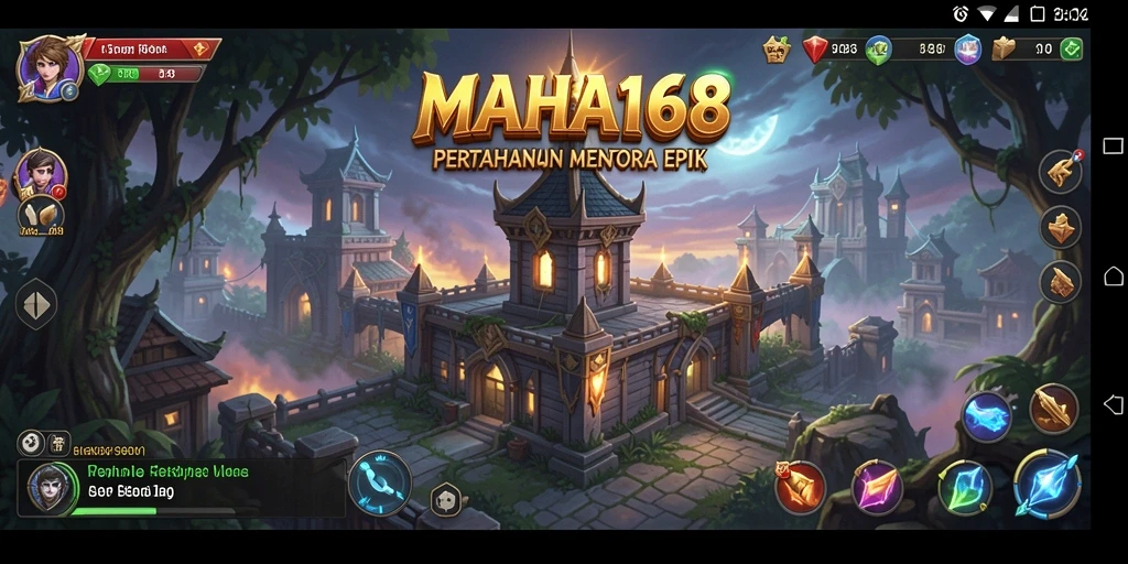 Tangkapan layar gameplay Tower Defense MAHA168 menunjukkan menara berdiri kokoh melawan invasi musuh.