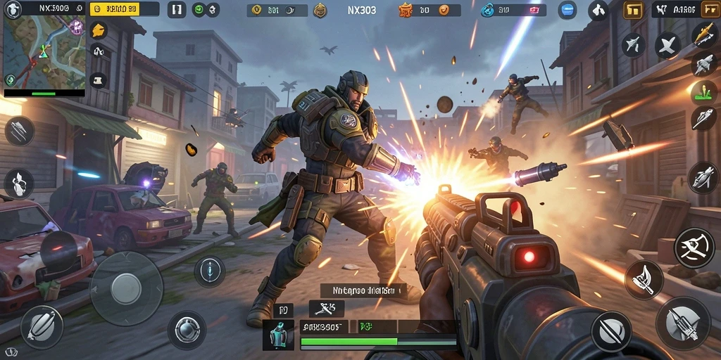 Screenshot gameplay NX303 menampilkan aksi seru dalam pertempuran TPS.