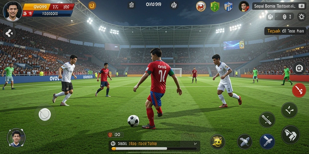 Tangkapan layar gameplay OVO99 menampilkan aksi laga sepak bola yang mendebarkan.