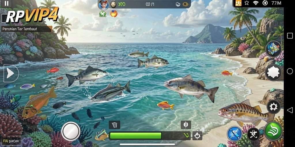 Tampilan gameplay RPVIP4 dengan berbagai teknik memancing yang menarik.