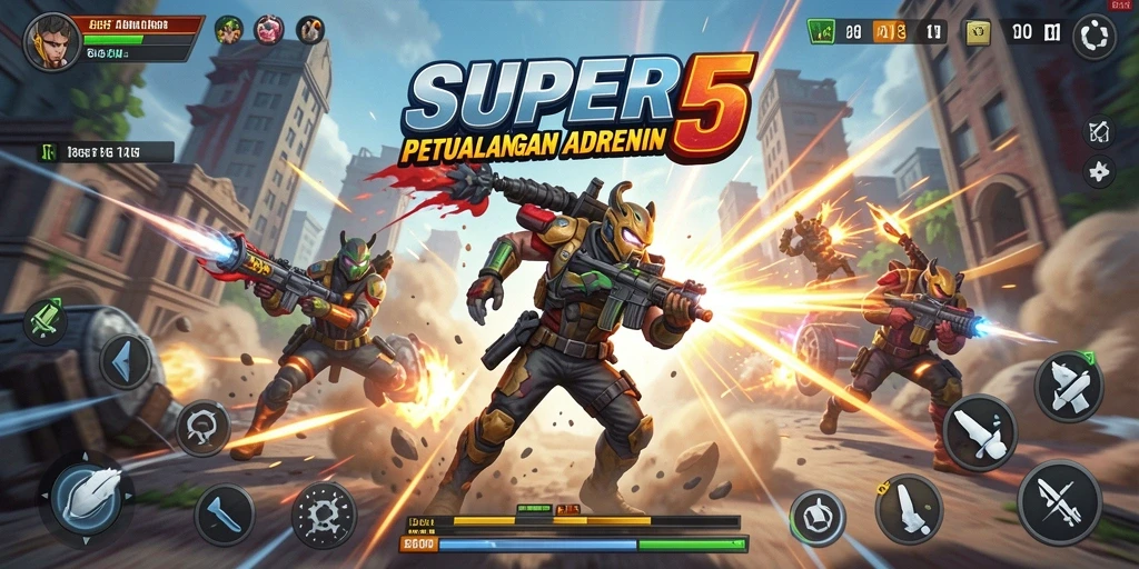Screenshot gameplay SUPER5 menunjukkan pertarungan aksi yang mendebarkan.