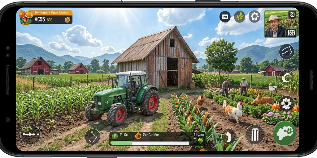 Screenshot VC55 menunjukkan aktivitas bertani di lahan yang subur dan beragam tanaman.